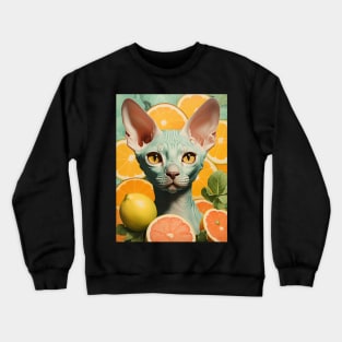 Retro Kitsch Sphynx Cat and Citrus Fruit Collage Crewneck Sweatshirt